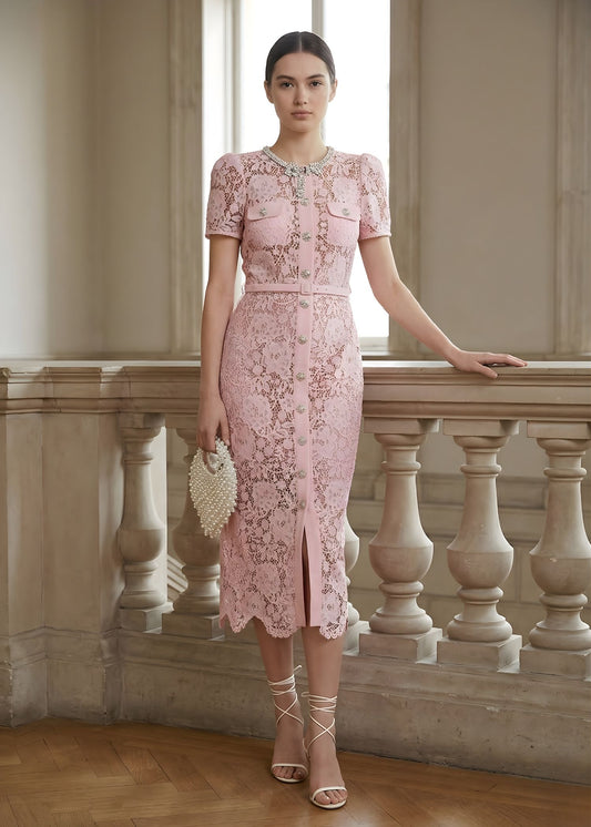Women's Guipure Lace Midi Dress with Crystal Embellishment and Belted Waist