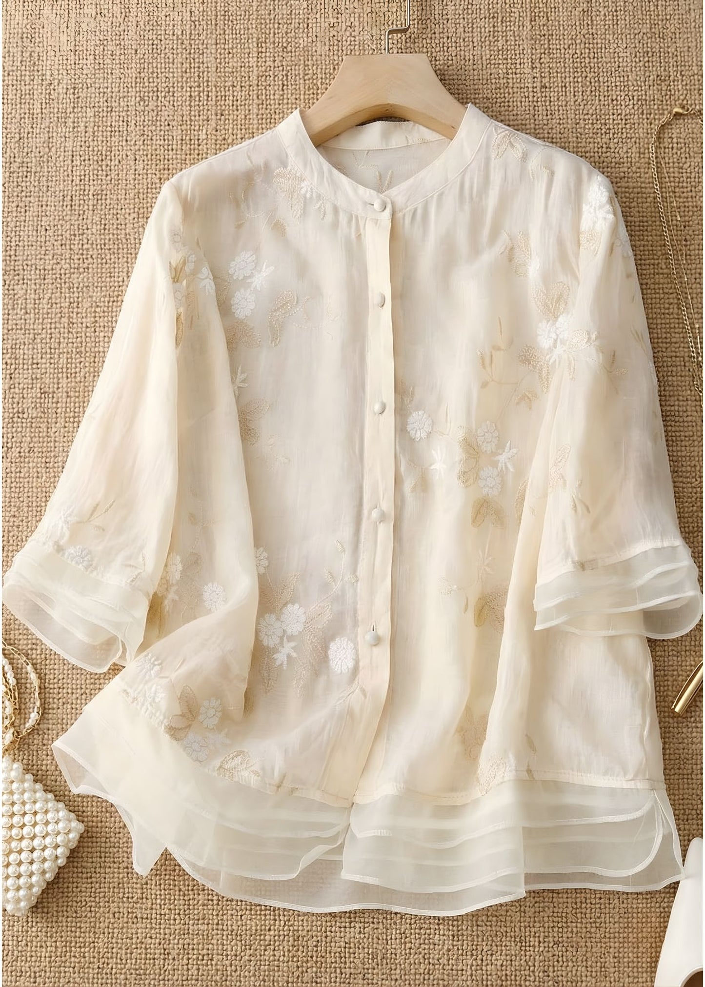 Women¡¯s Embroidered Cotton Linen Blouse with Layered Organza Trim