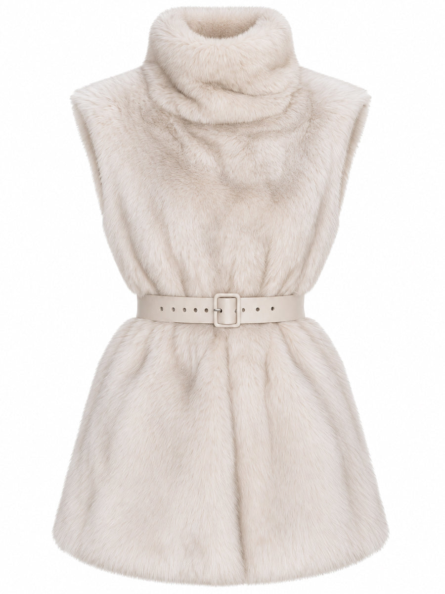 Belted Faux Fur Turtleneck Sleeveless Vest