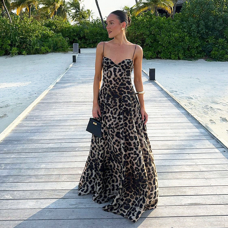 Women’s Leopard Print Maxi Dress with Sweetheart Balconette Bodice