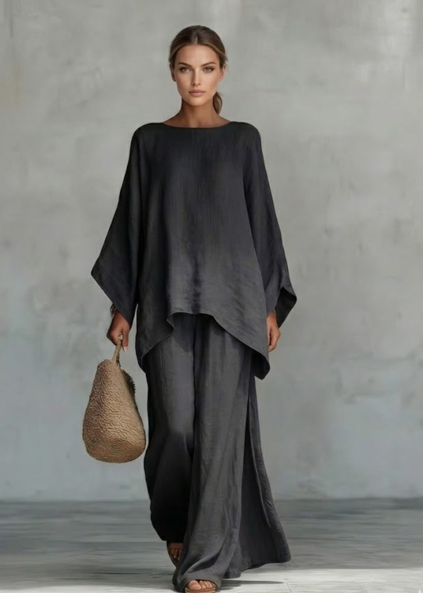 Women'sLinen Two-Piece Set with Cape Style Top and Wide Leg Pants