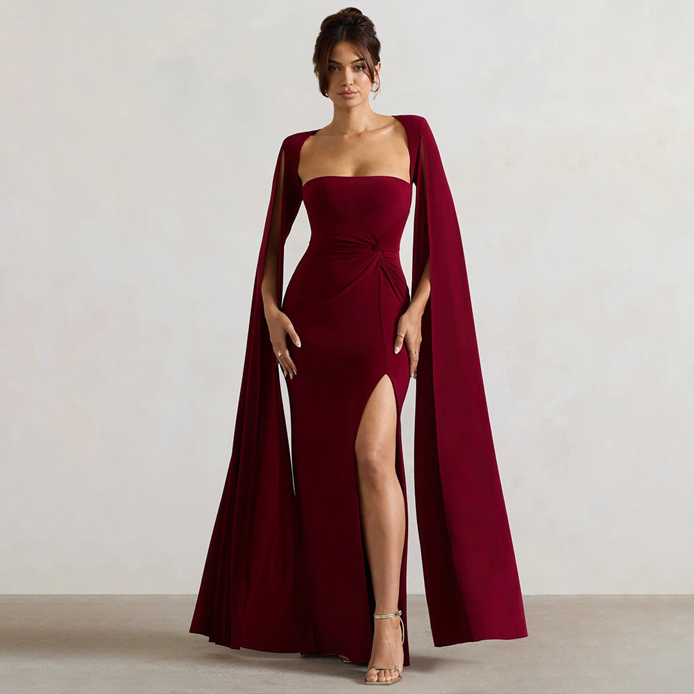 Women’s Square Neck Maxi Dress with Cape Sleeves and High Side Slit