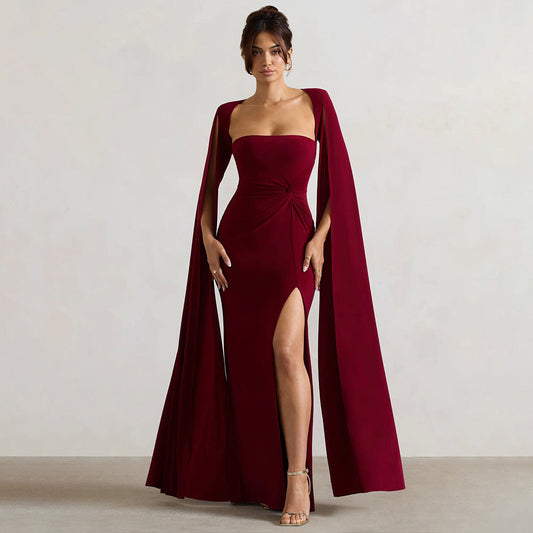 Women’s Square Neck Maxi Dress with Cape Sleeves and High Side Slit