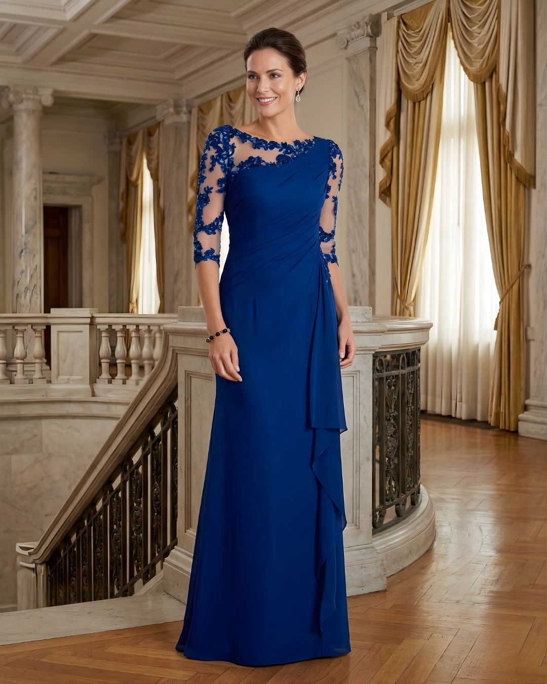 Women's Lace Illusion Evening Gown with Cascading Ruffle Detail