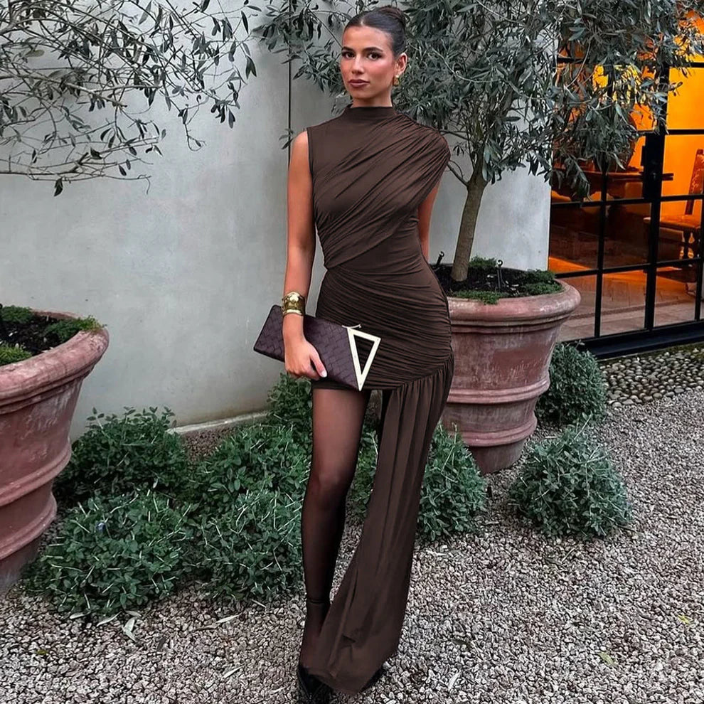 Women’s Ruched Mini Dress with Asymmetric Floor Length Side Drape