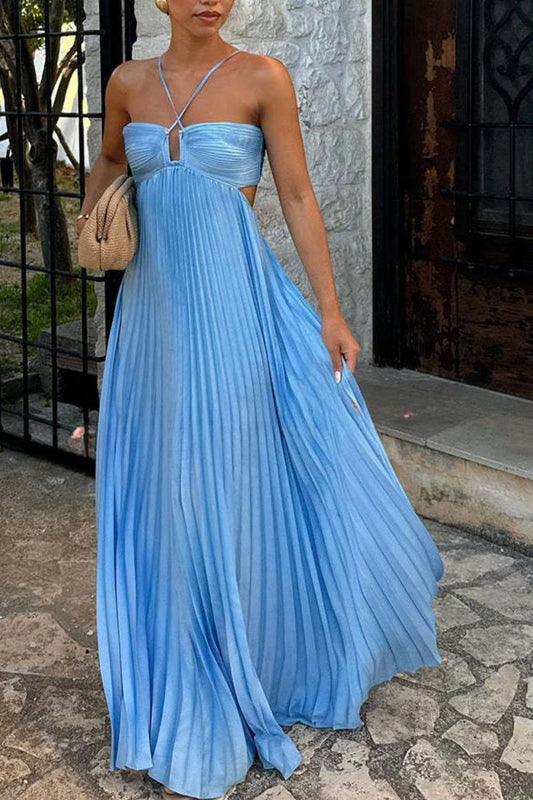 Women’s Tiered Maxi Dress with Floral Ruffle Layers and Halter Neckline
