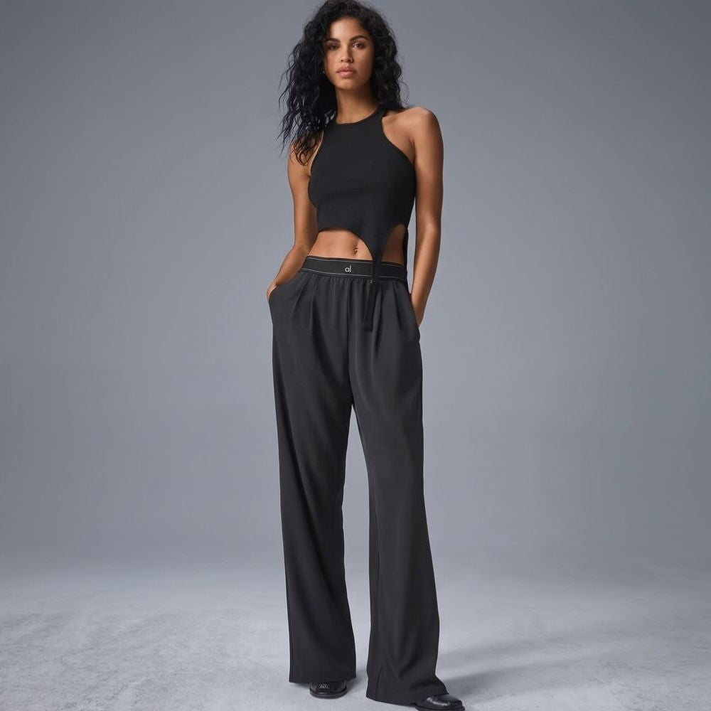 Women’s Wide Leg Trousers with Logo Elastic Waistband and Front Pleats