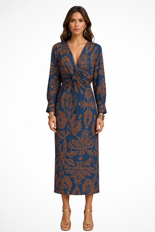 Florence | Women V Neck Twist Front Printed Wedding Guest Midi Dress