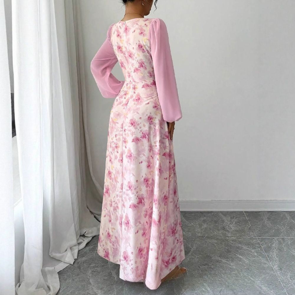 Women’s Midi Dress Square Neck Long Sleeve Floral Chiffon Gown