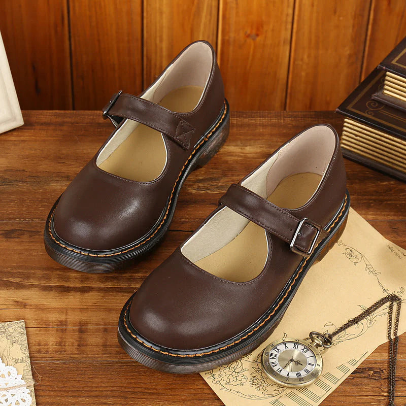 Women’s Mary Jane Shoes with Contrast Stitching and Buckle Strap