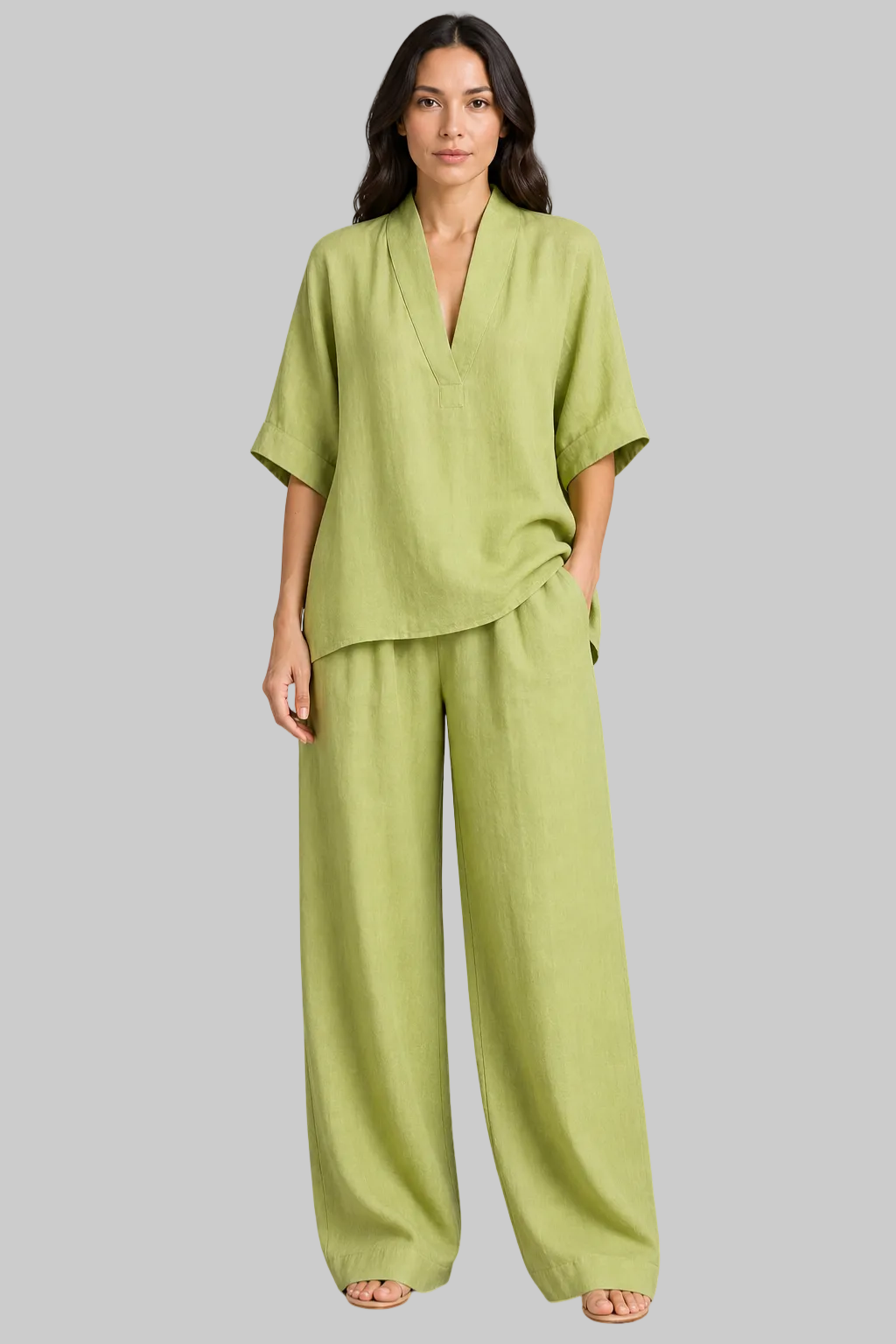 Women’s Linen Co-Ord Set with V-Neck Tunic Top and Wide Leg Trousers
