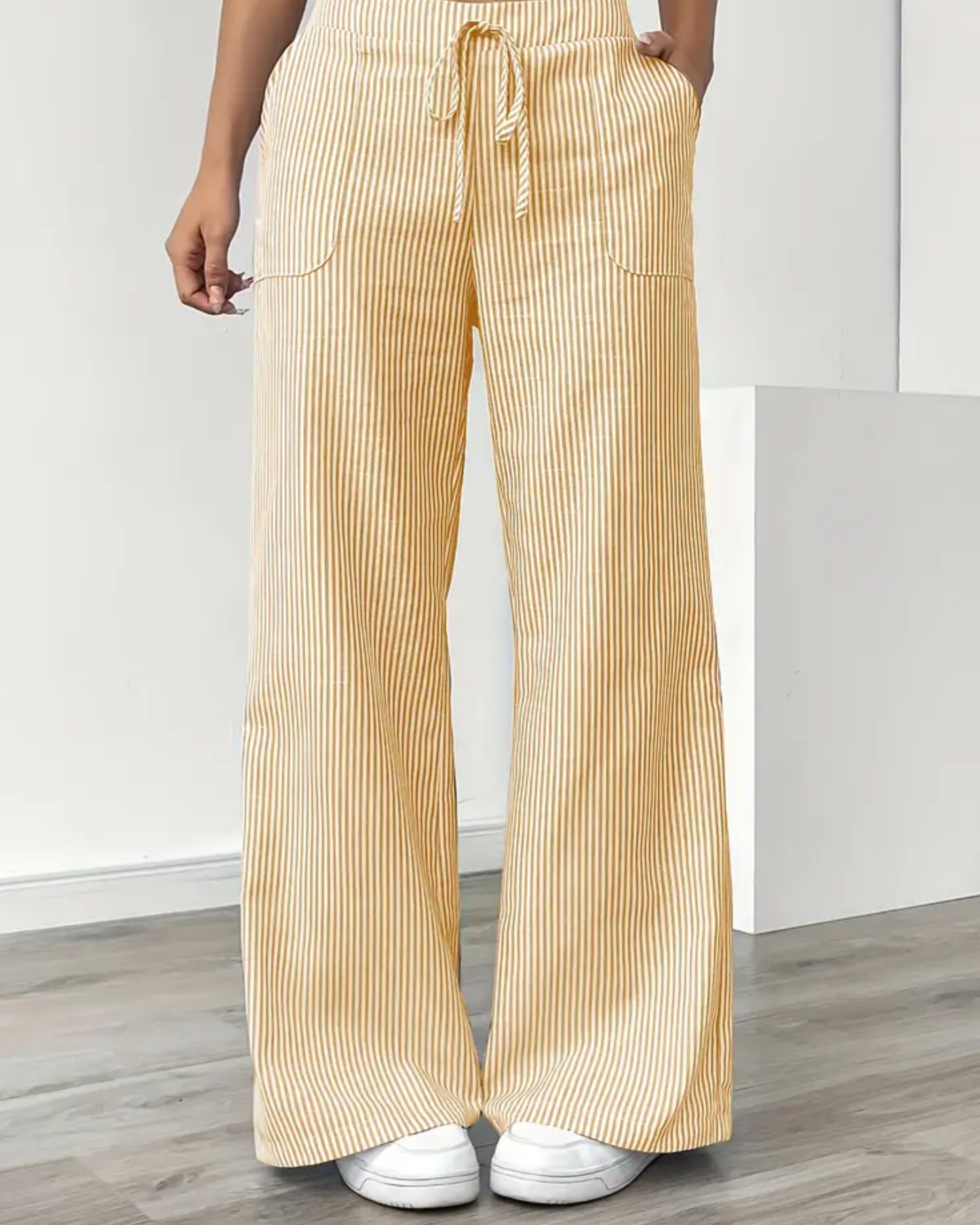 Women’s Linen Striped Pants with Drawstring Waist and Pockets