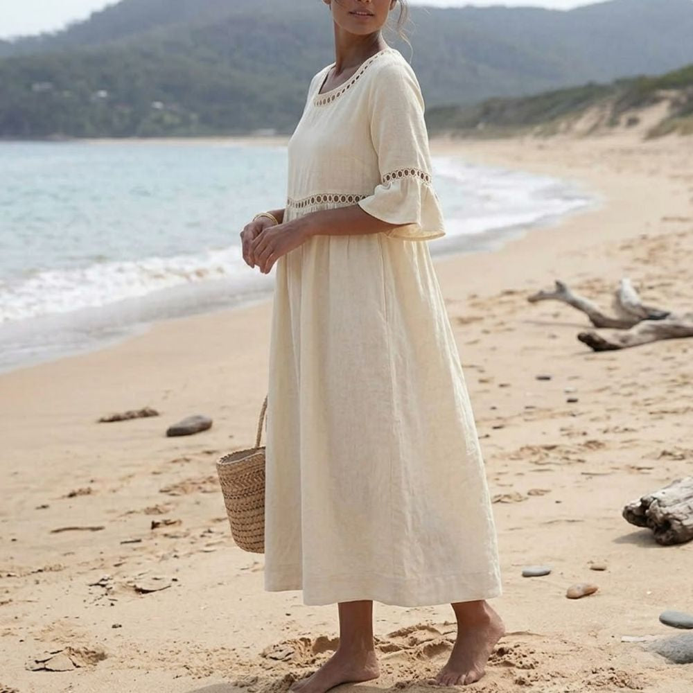 Women’s Midi Dress Crochet Eyelet Trim Flutter Sleeve Beach Kaftan