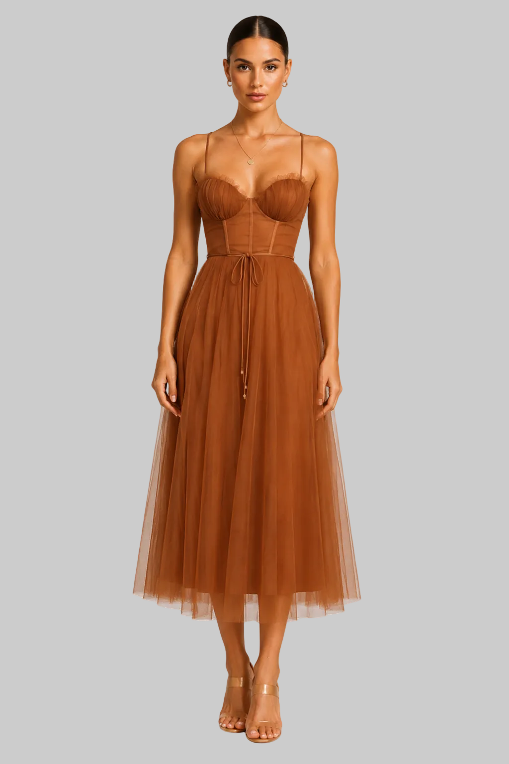 Women’s Midi Dress Corset Bodice Pleated Tulle Skirt