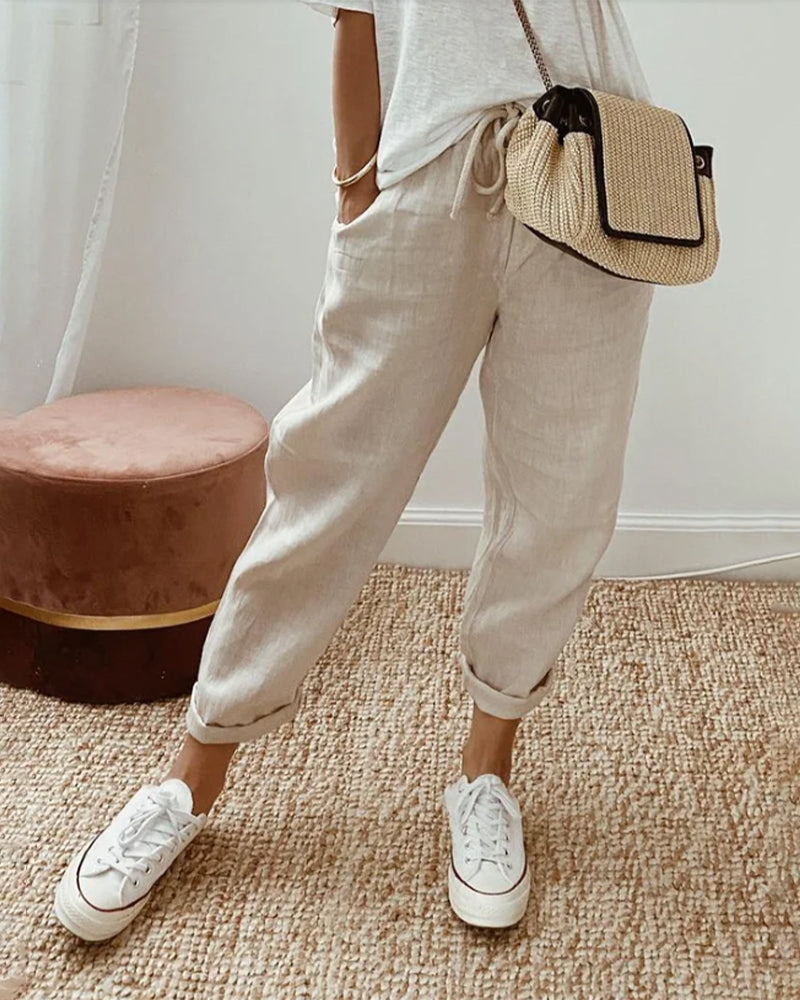 Women’s Casual Pants with Elastic Waistband and Functional Side Pockets