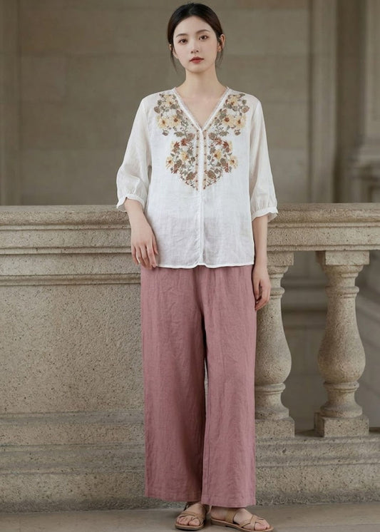 Women’s Linen Blouse with Floral Embroidery and Split V-Neckline
