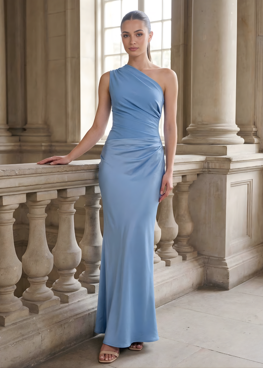 Women’s One Shoulder Maxi Dress With Ruched Satin Skirt and Asymmetric Waist