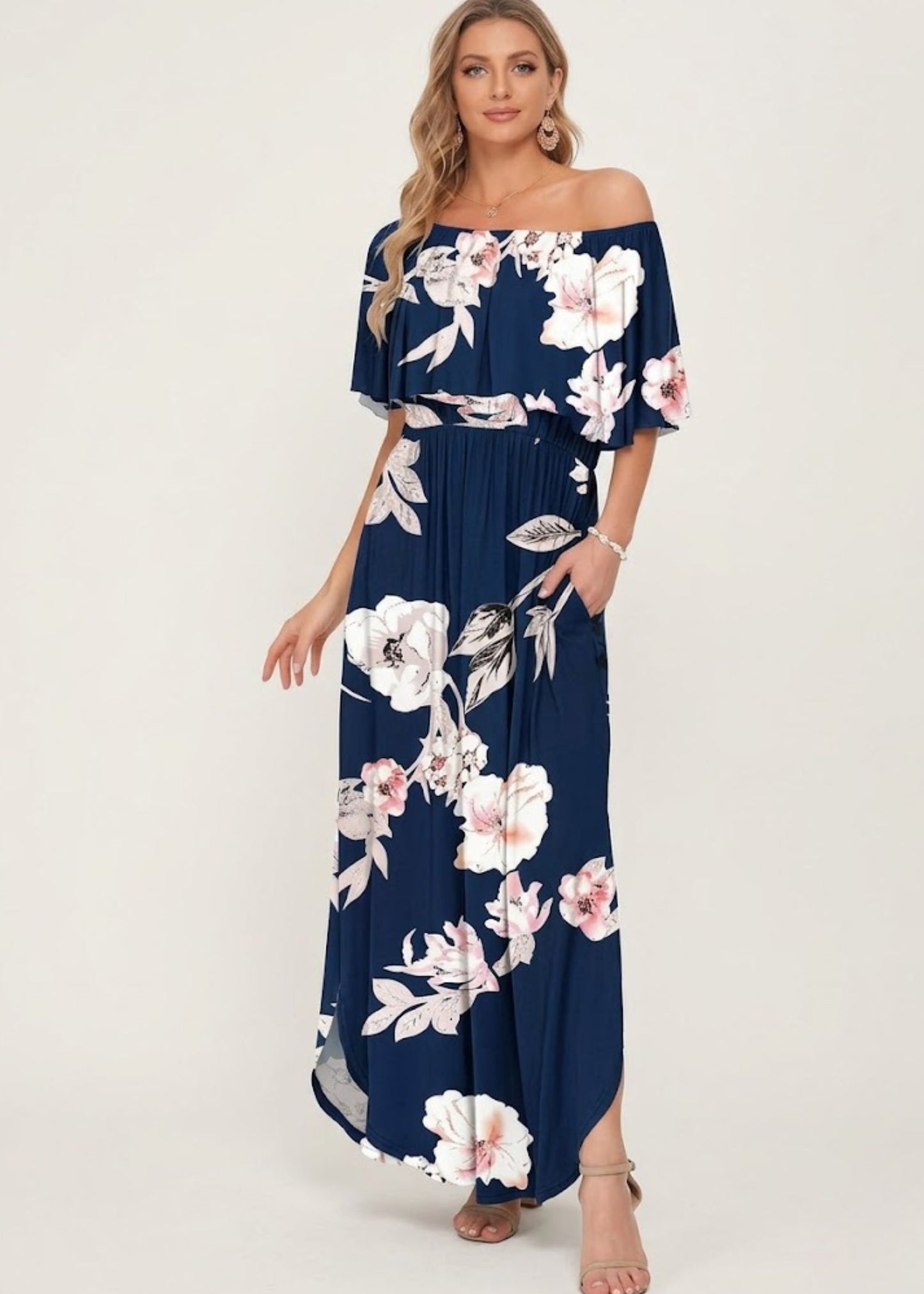 Women’s Off the Shoulder Maxi Dress with Ruffle Overlay and Side Pockets