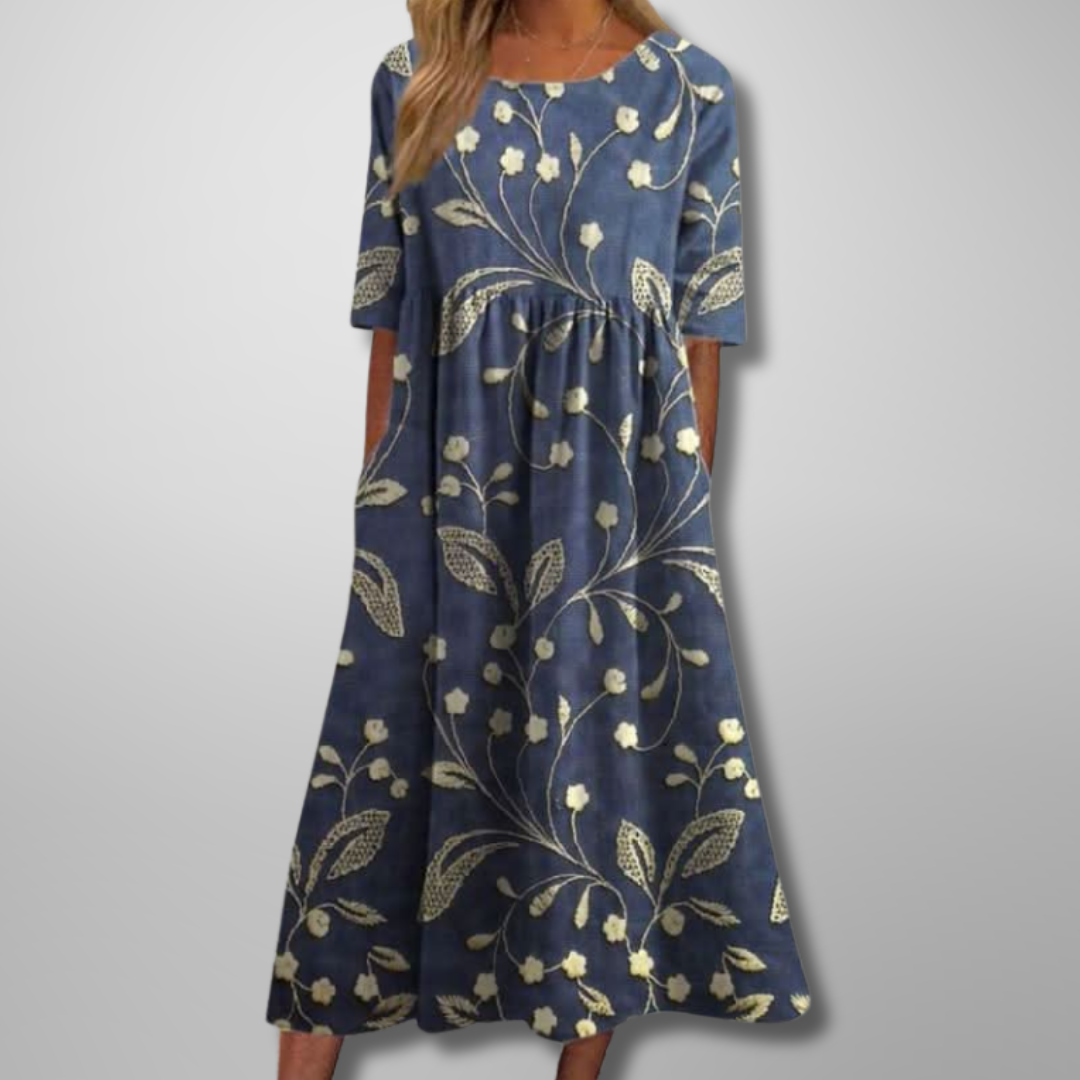 Women’s Midi Dress with Raised Floral Embroidery and Empire Waist Silhouette