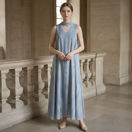 Women’s Sleeveless Maxi Dress with V-Neck and Chiffon Overlay