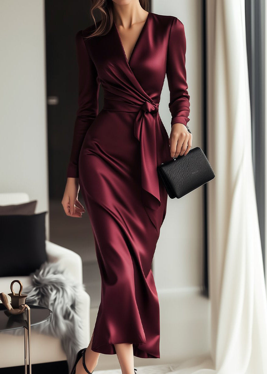 Ceylan Women’s Long Sleeve Satin Wrap Dress with Waist Tie Detail