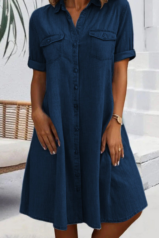 Women's Denim Shirt Dress Short Sleeve Button Down Collared Mini