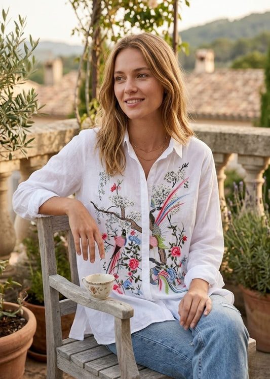 Women’s Embroidered Cotton Blouse with Eyelet Lace Detailing and Puff Sleeves