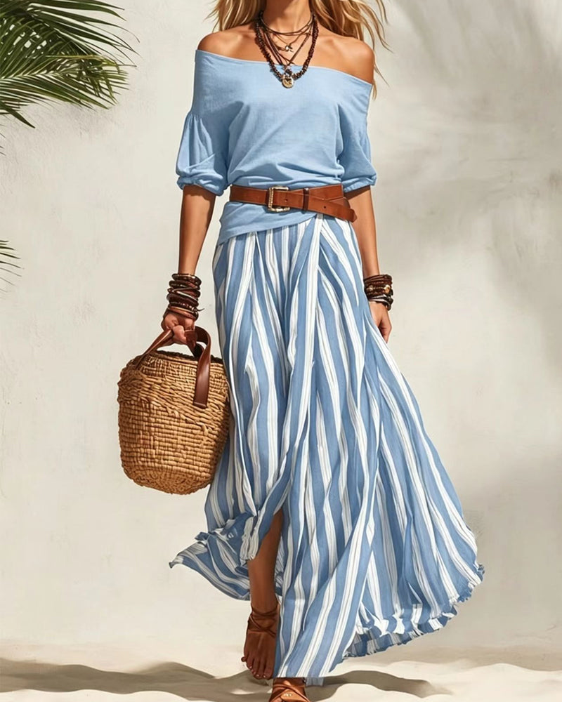 Women's Striped Maxi Skirt Set with Off-Shoulder Top for Effortless Style