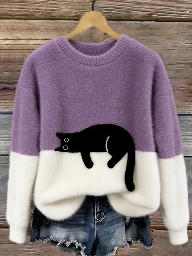 Women's Color-Block Cat Graphic Ribbed Knit Sweater