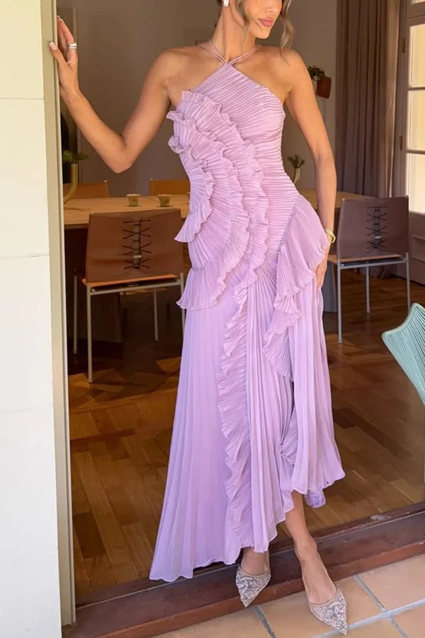 Women’s Pleated Halter Neck Ruffle Maxi Dress with Asymmetrical Hem