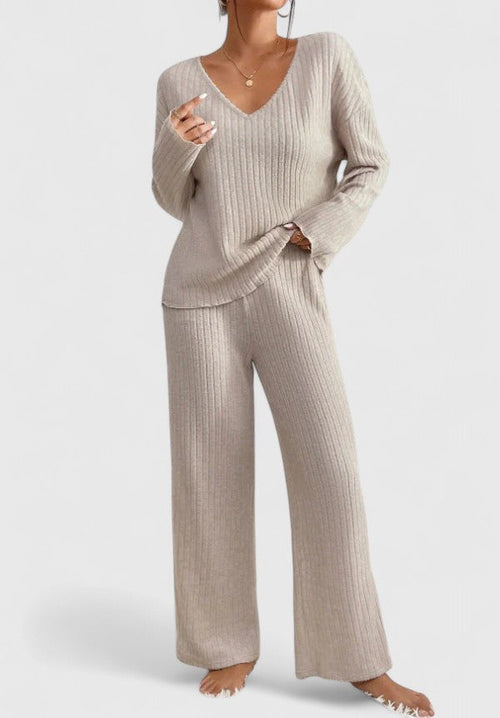 Women's Ribbed Knit V-Neck Top And Wide-Leg Pants Set