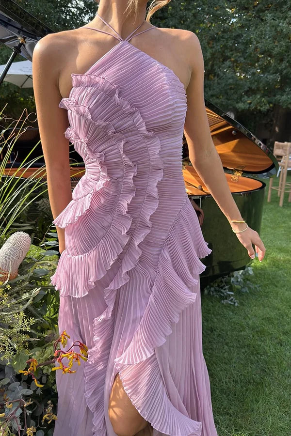 Women’s Pleated Halter Neck Ruffle Maxi Dress with Asymmetrical Hem