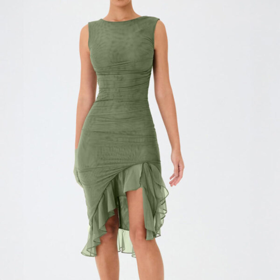 Women’s Ruched Mesh Midi Dress with Asymmetric Ruffle Hem