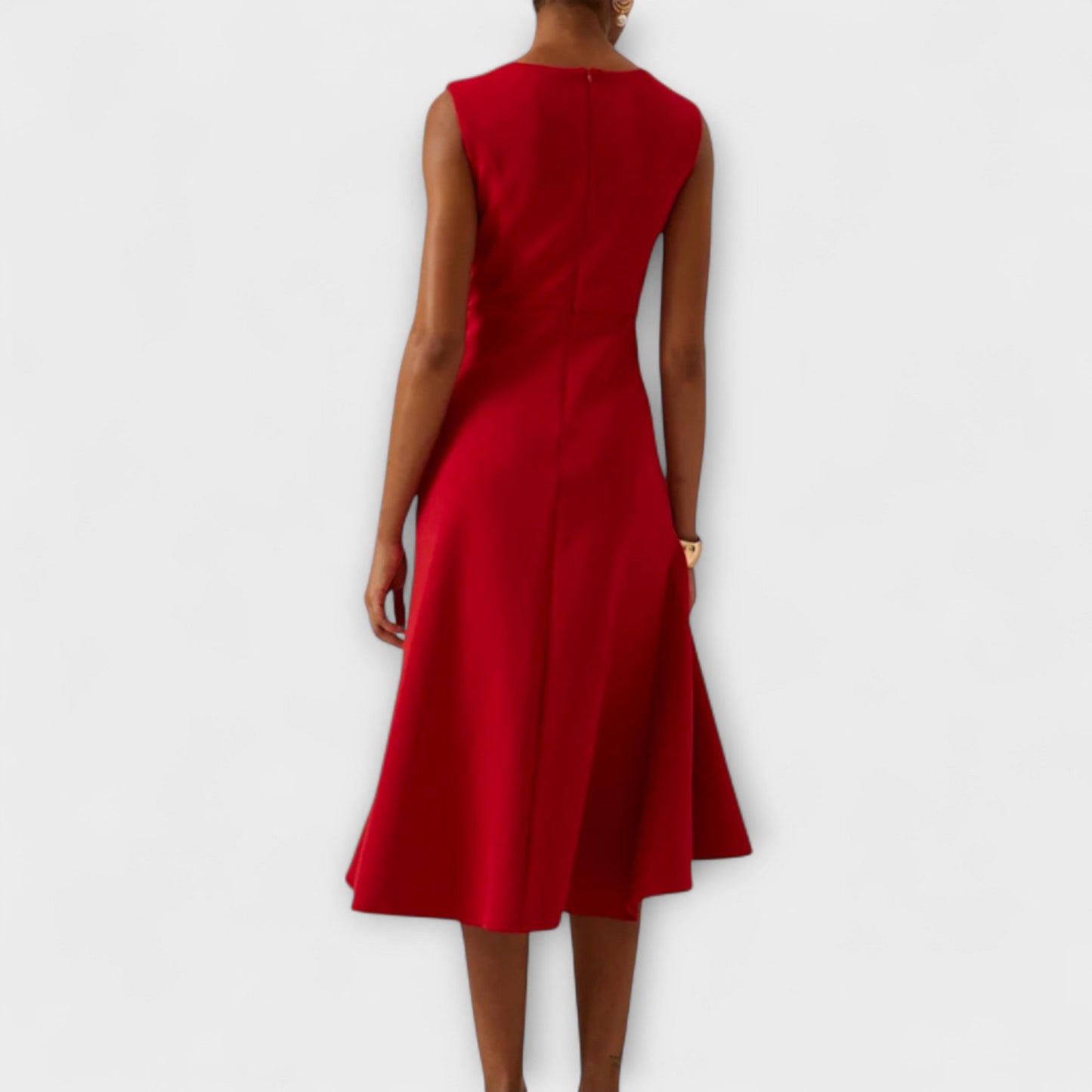 Women’s Midi Dress with Asymmetric Draped Ruffle and Sleeveless Fit