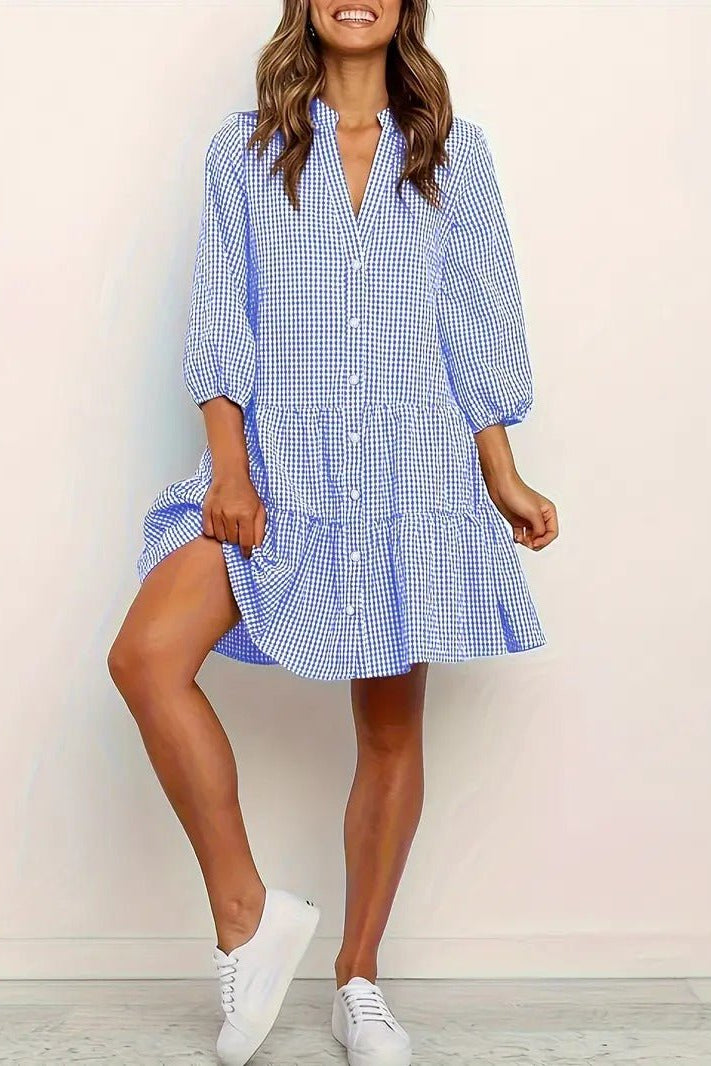 Women's Mini Dress Gingham Print Button Down 3/4 Sleeve Tiered Smock