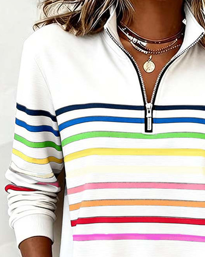 Women's Striped Zip-Neck Knit Sweater With Long Sleeves