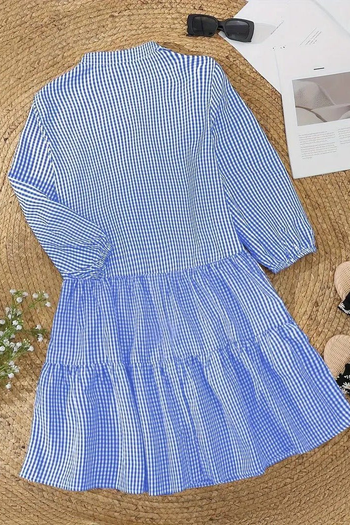 Women's Mini Dress Gingham Print Button Down 3/4 Sleeve Tiered Smock