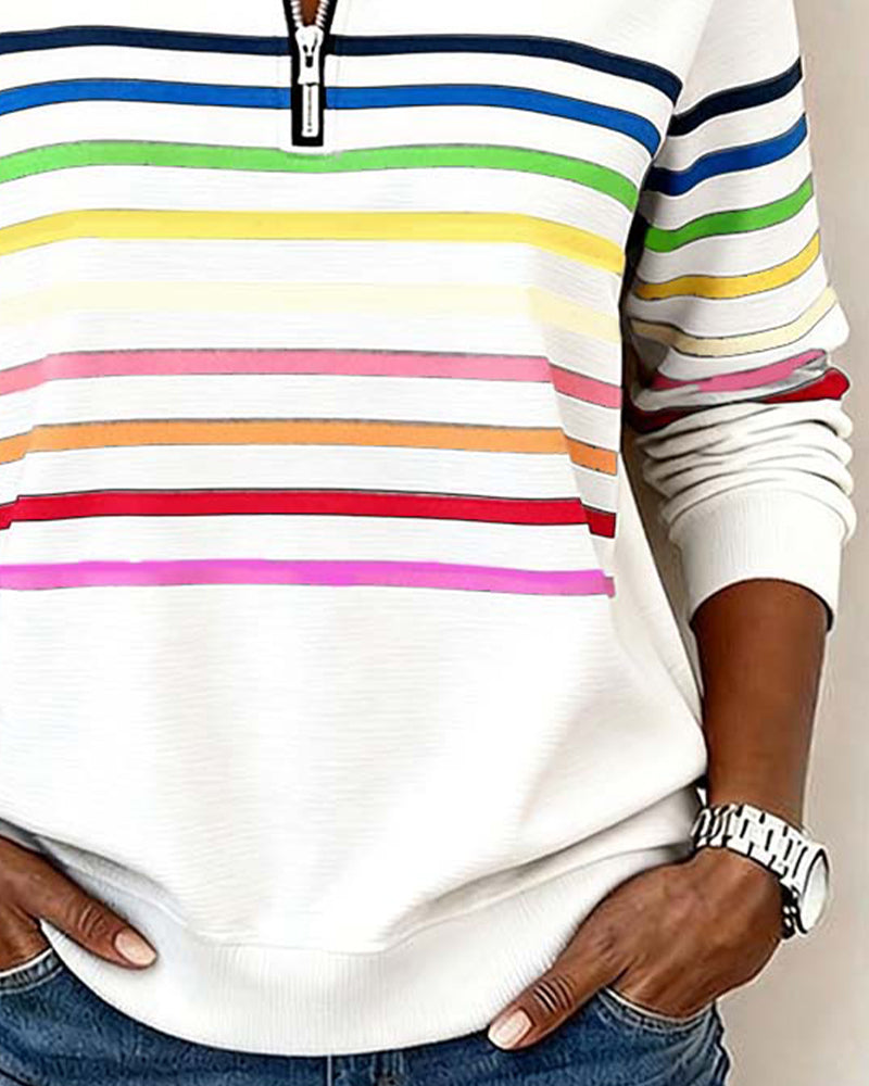 Women's Striped Zip-Neck Knit Sweater With Long Sleeves