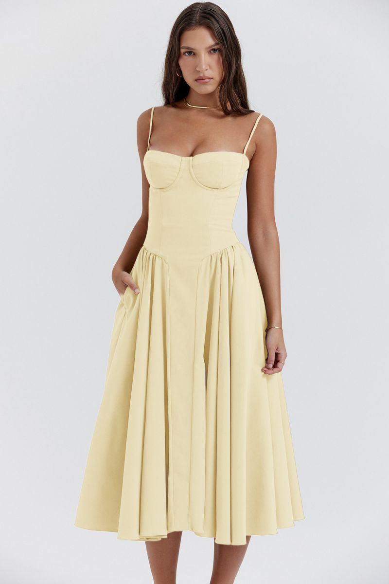 Women’s Corset Midi Dress Basqued Waist with Pockets Wedding Guest Gown