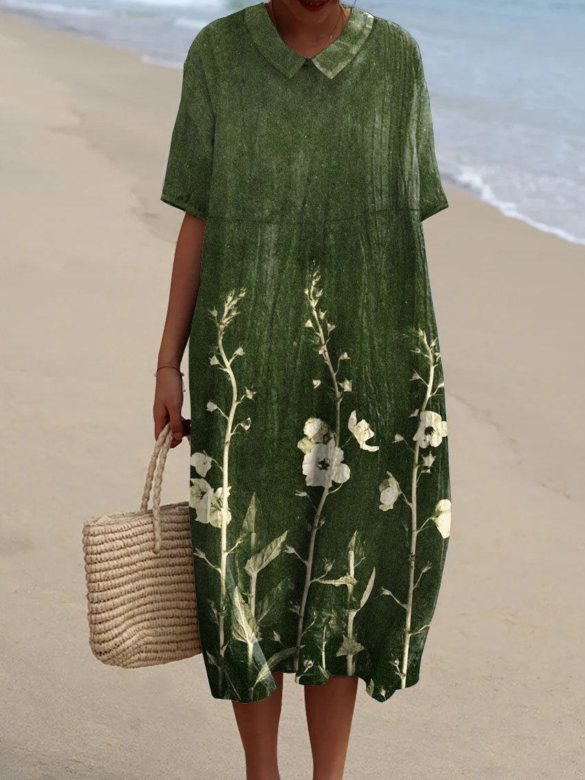 Women’s Midi Dress with V-Neckline and Vintage Floral Print