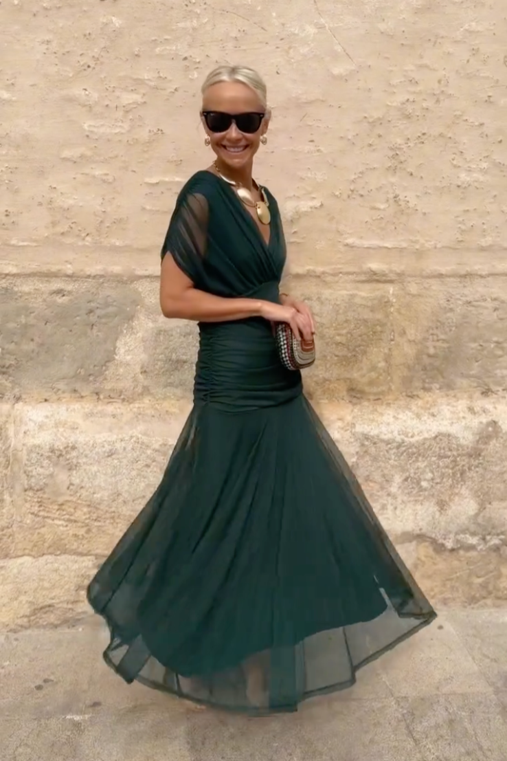 Women’s Maxi Dress with Surplice V-Neckline and Ruched Tulle Overlays