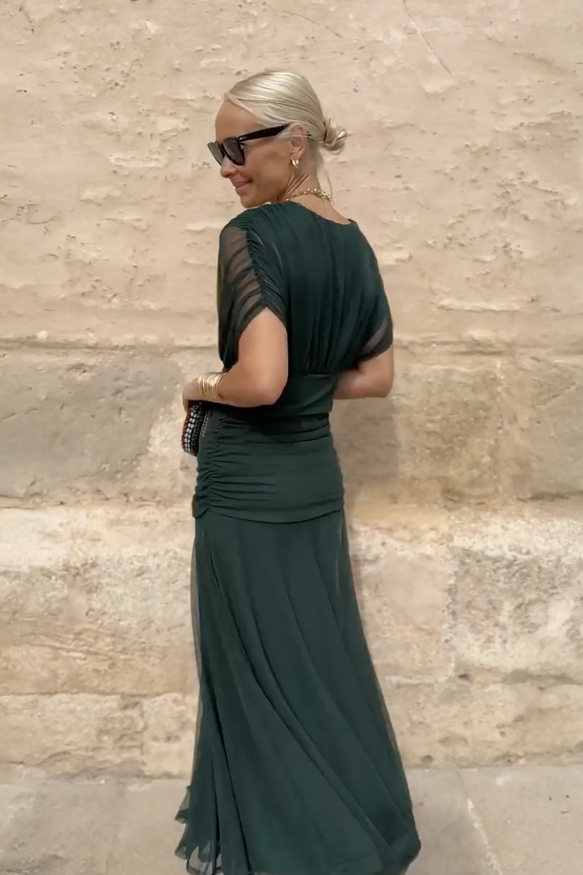 Women’s Maxi Dress with Surplice V-Neckline and Ruched Tulle Overlays