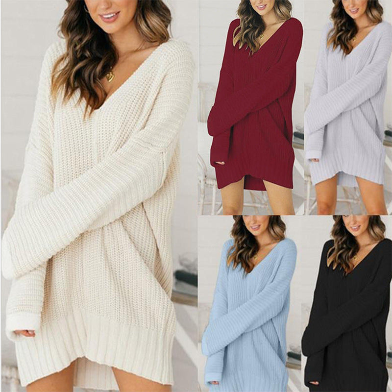 Women's Oversized V-Neck Sweater Dress with Long Sleeves