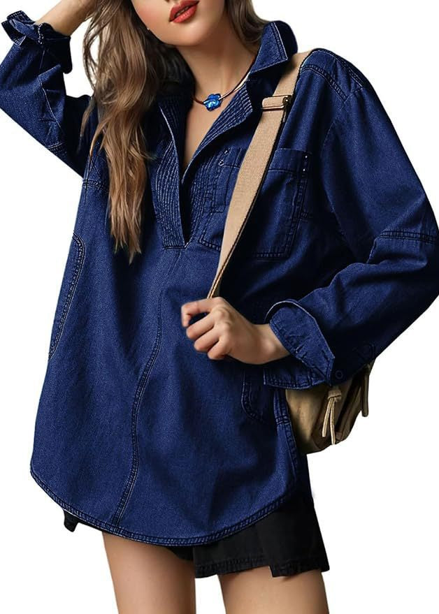 Ceylan Women’s Denim Pullover Blouse Pleated V-Neck Tunic
