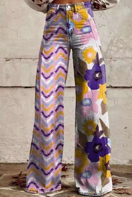 Women's Wide-Leg Trousers with Multicolour Boho Print