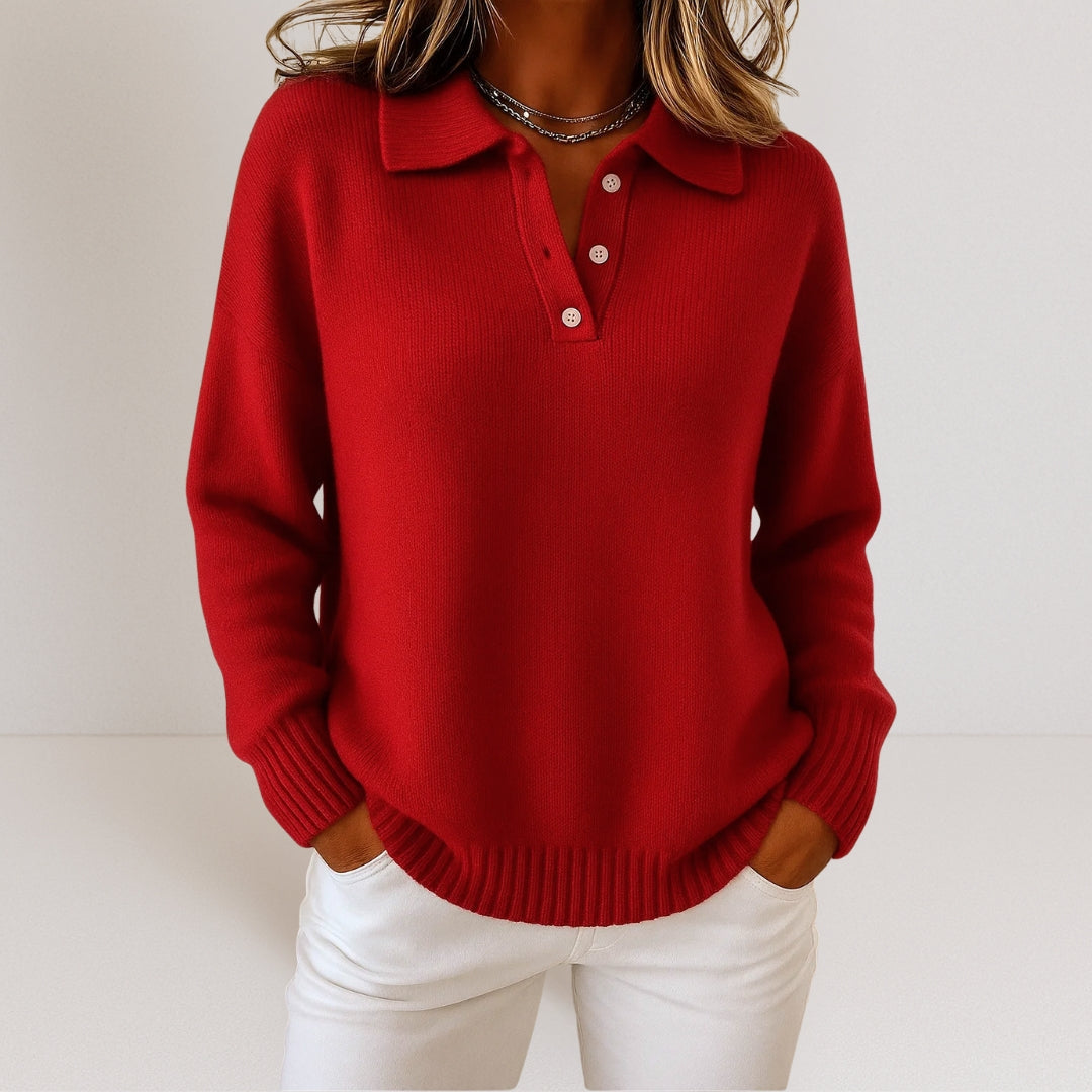 Women's Knit Polo Sweater With Button Placket