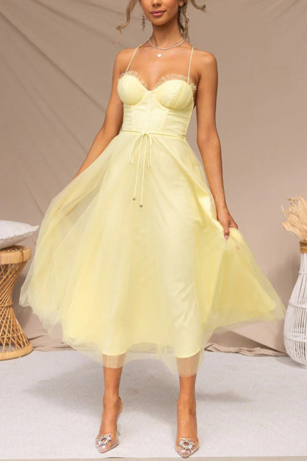 Women’s Midi Dress Corset Bodice Pleated Tulle Skirt