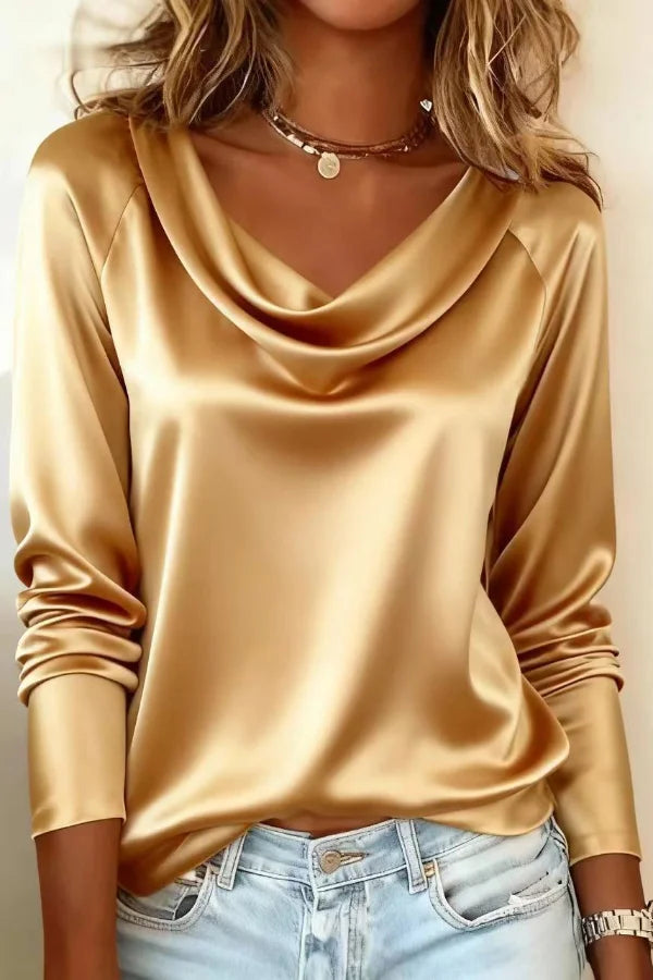 Women’s Satin Draped Blouse with Cowl Neckline and Long Cuffed Sleeves