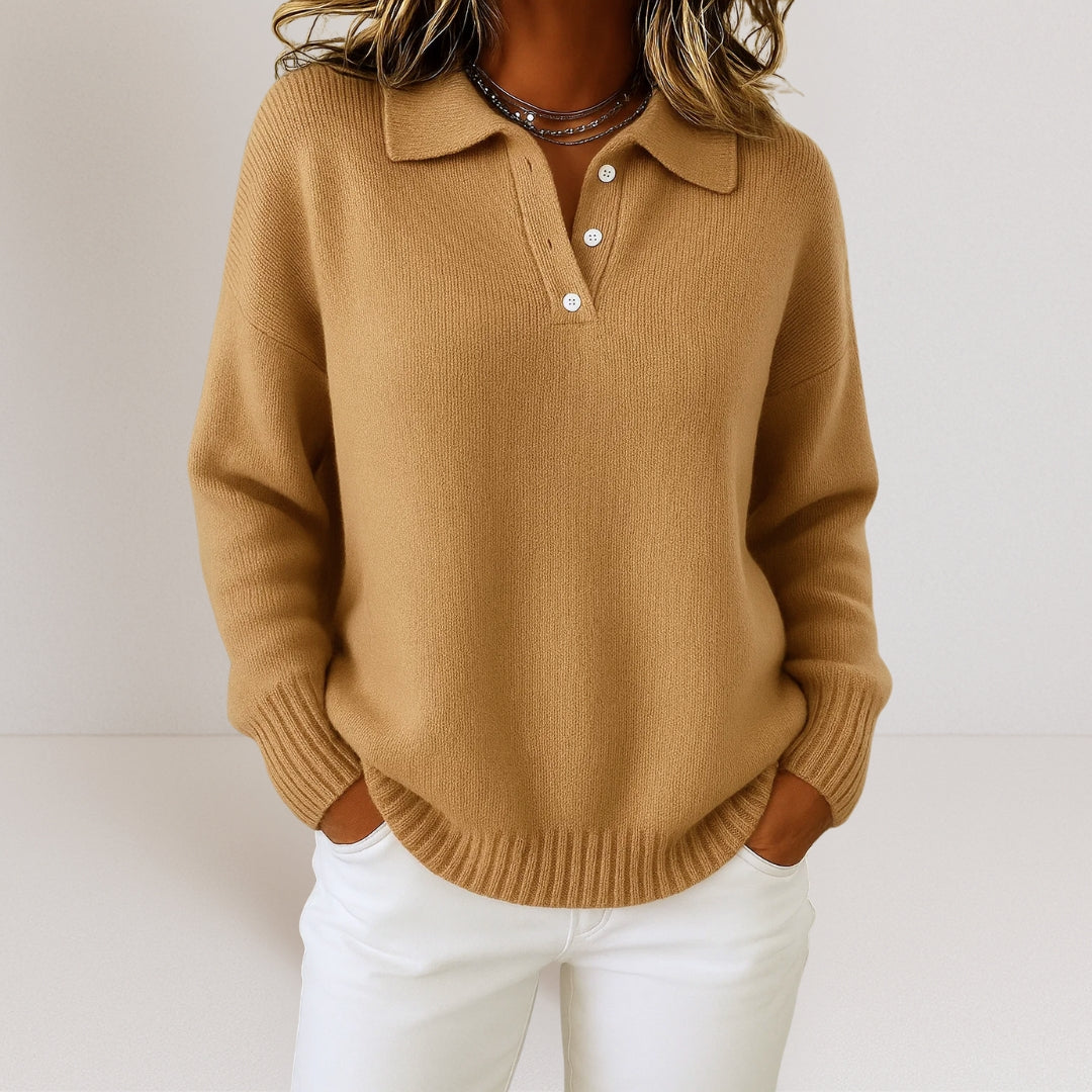 Women's Knit Polo Sweater With Button Placket
