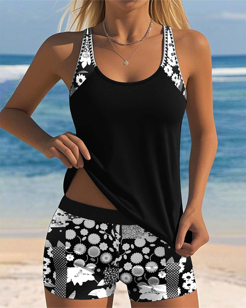Women's Two-Piece Tankini Swimsuit with Boho Floral Boy Shorts
